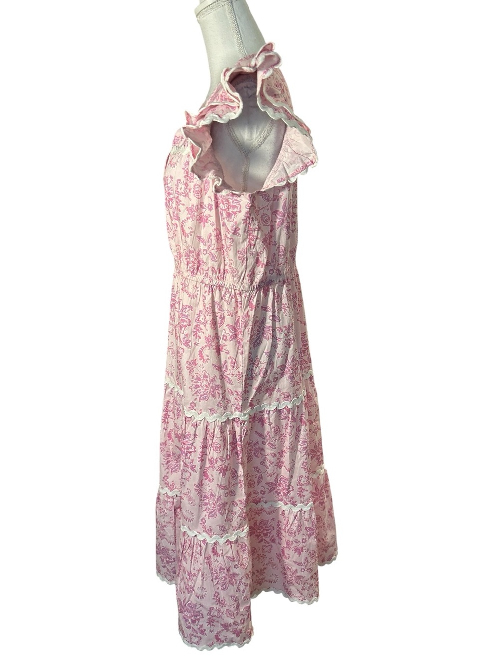 Sail to Sable Pink Floral Midi Dress with Ruffle Hem and Flutter Short Sleeves - Picture 3 of 9
